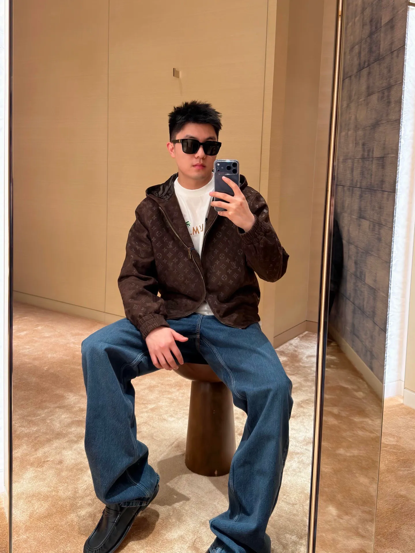 Louis Vuitton/embossed suede leather hooded jacket